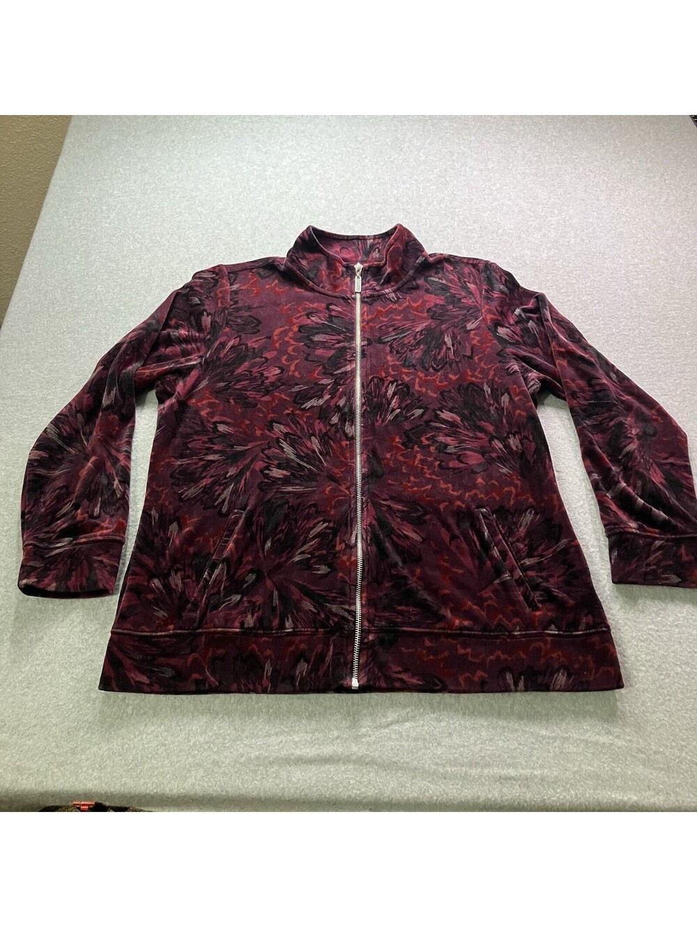 Karen Scott Sport Velour Zip Front Jacket Floral Print Burgundy Large